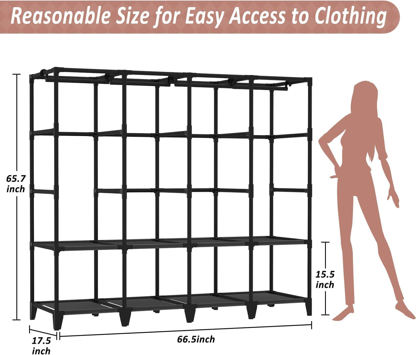 Large Capacity Portable Closet - Quick Assembly Gray Wardrobe with 4 Hanging Rods, 8 Shelves & 8 Pockets | Ideal for Bedroom & Living Room