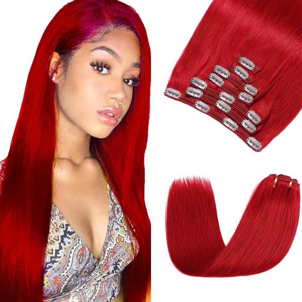 Red Clip in Hair Extensions Real Human Hair,22 Inch 120g/7Pcs,Full Shine Bright Red Hair,Wine Red Straight Clip ins Brazilian Virgin Human Hair Extensions
