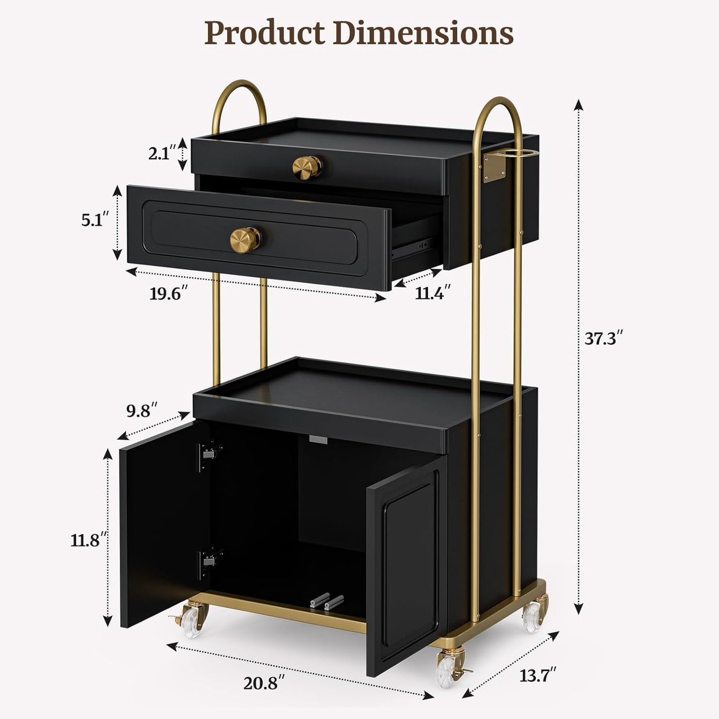 Salon Trolley Cart - Lockable Wheels & Drawer for Hair Stylist | Makeup Tool Organizer (Black & Gold)
