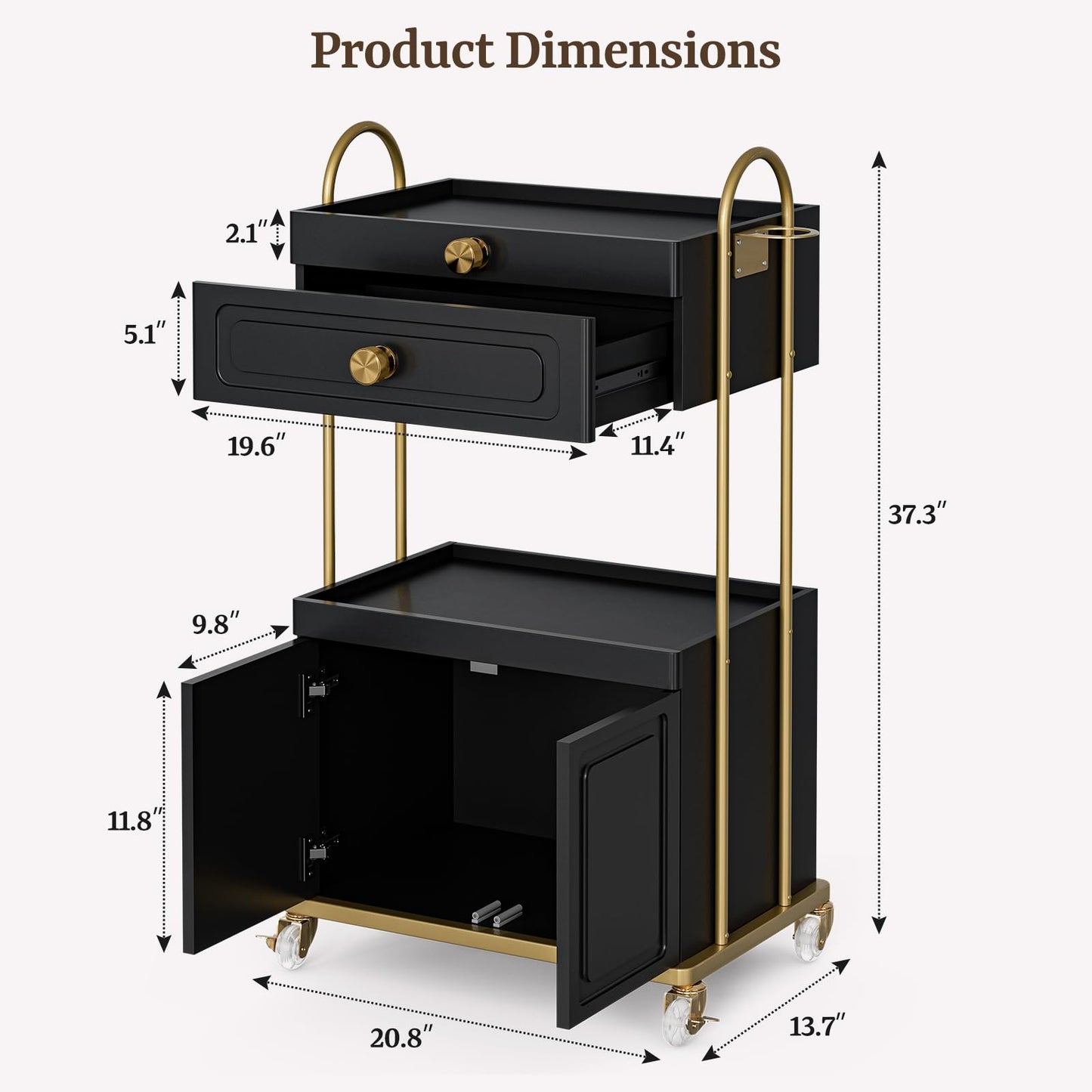 Belandi Salon Trolley Cart with Lockable Wheels, Salon Station Cabinet with Drawer & Cabinet for Hair Stylist Makeup Tool Organizer for Beauty Spa Barbershop (Black&Gold)