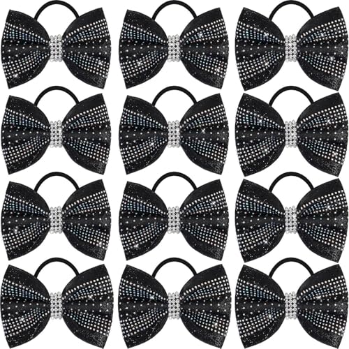 Black Glitter Cheer Bows - 12Pcs Small Cheerleader Hair Accessories