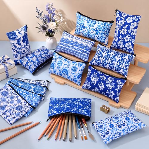 Meanplan Blue White Floral Canvas Makeup Bags Bulk, 24 Pouches - Chinoiserie Style