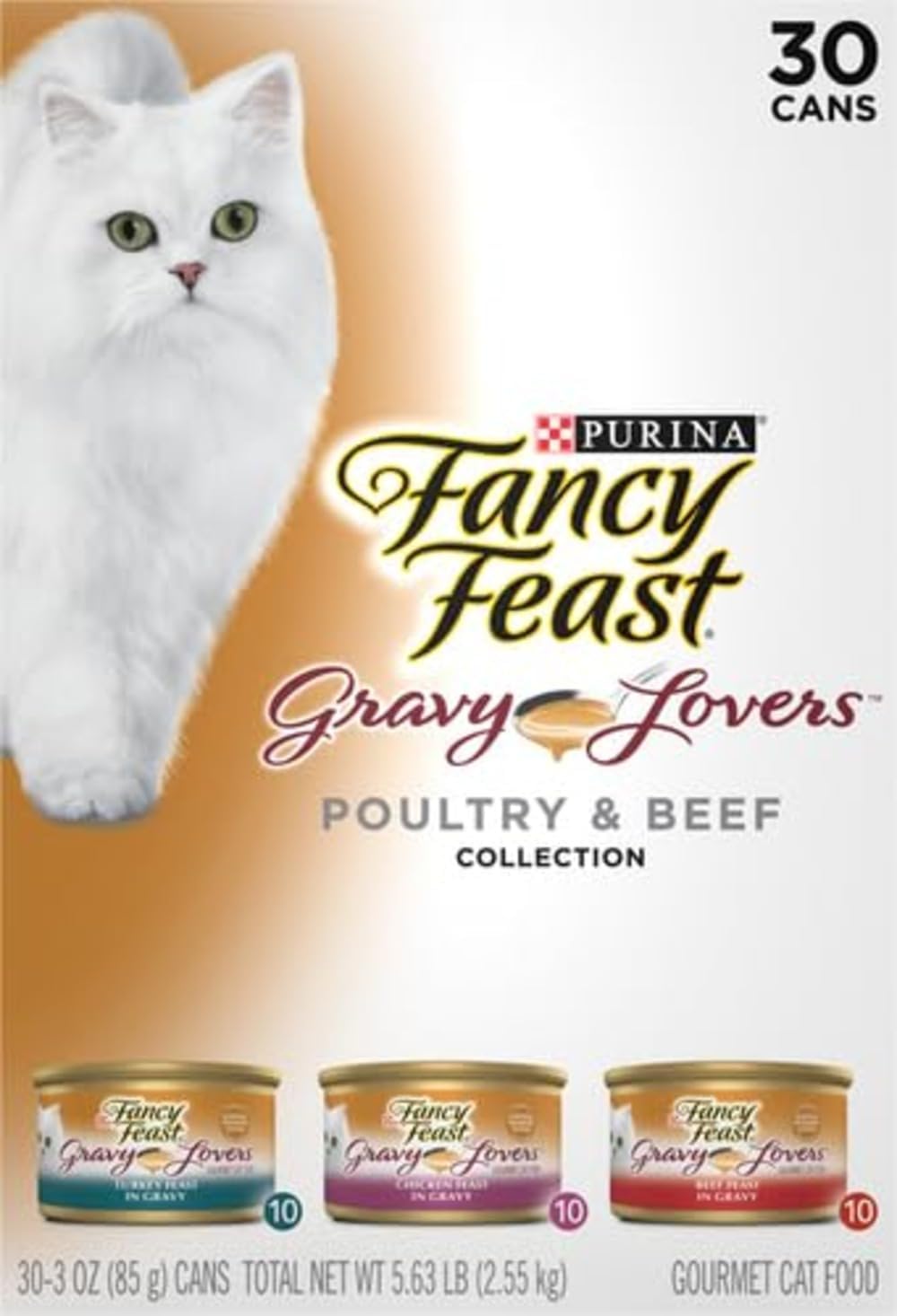 Purina Fancy Feast Gravy Lovers Wet Cat Food Variety Pack | Poultry & Beef, 30 Cans, 3 oz Each
