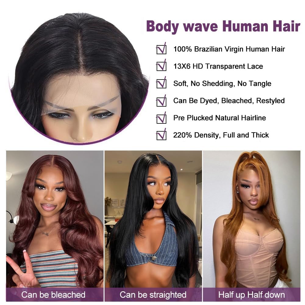 VXCVAE 30 Inch 13x6 Lace Front Wigs Human Hair 220 Density Body Wave HD Lace Front Wigs Human Hair Pre Plucked Natural Black Glueless Frontal Wigs for Women