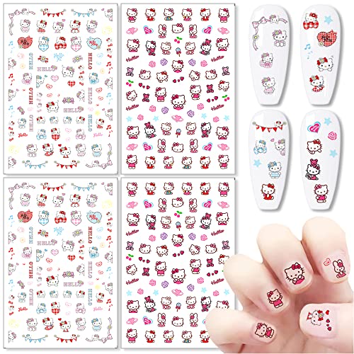 Cute Cat Nail Stickers - 4 Sheets 3D Self-Adhesive Decals
