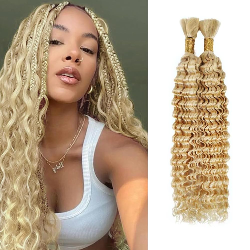 613 Boho Human Hair Blonde Braiding Hair Deep Wave Human Bulk 16 16 Inch 27/613 Deep Wave 2 Bundles No Weft Per Pack 100g