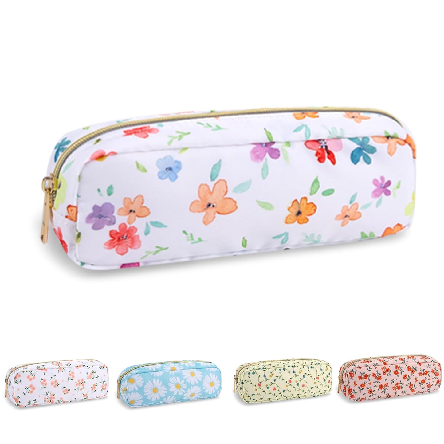 Waterproof Mini Floral Makeup Bag - Nylon Travel Pouch for Women | Cute Zipper Toiletry Organizer (Mini White-Flowers)