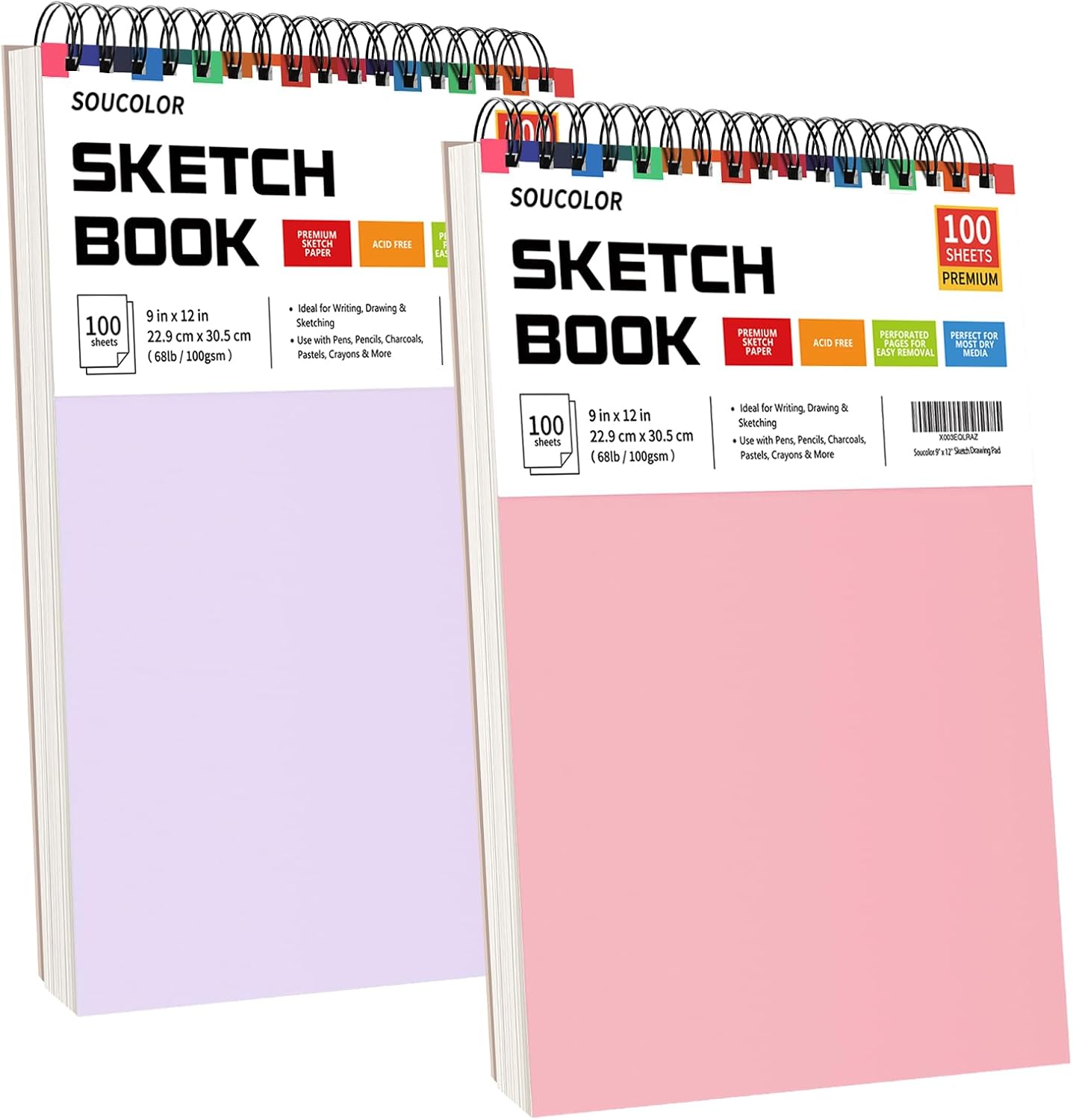 Soucolor Sketch Book - 9" x 12" Top Spiral Bound, 100 Sheets Acid-Free Drawing Paper | Ideal for Kids, Adults & Artists