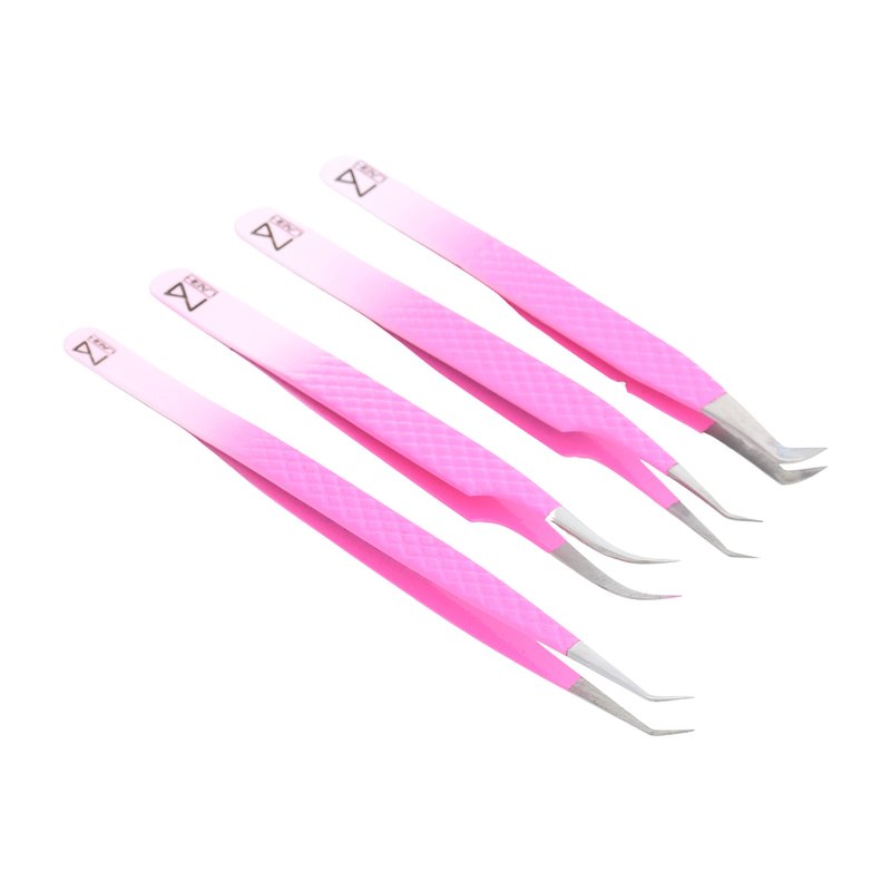 M LASH Tweezers for Eyelash Extensions (Set of 4) - Professional Lash Extension Tweezers - Fiber Tip, Japanese Steel, Diamond Grip Eyelash Extension Tweezer (PW-Ombre)