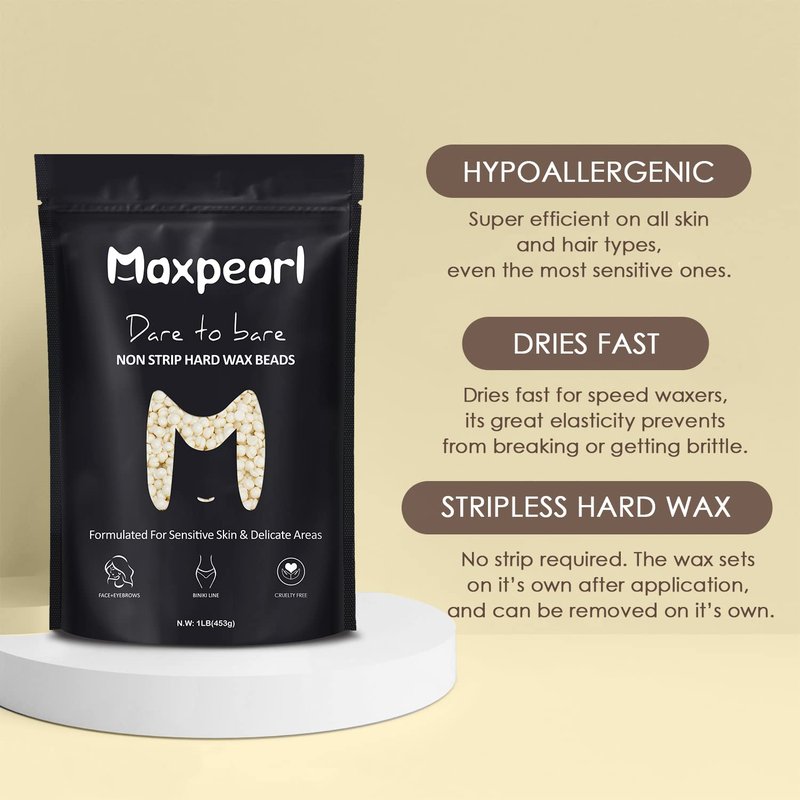 Maxpearl Wax Beads for Facial Hair Removal, 1LB Hypoallergenic Hard Wax Beans with Natural Ingredients for Sensitive Skin, Eyebrows, Upper Lip, Chin, Sideburns, Neck & More