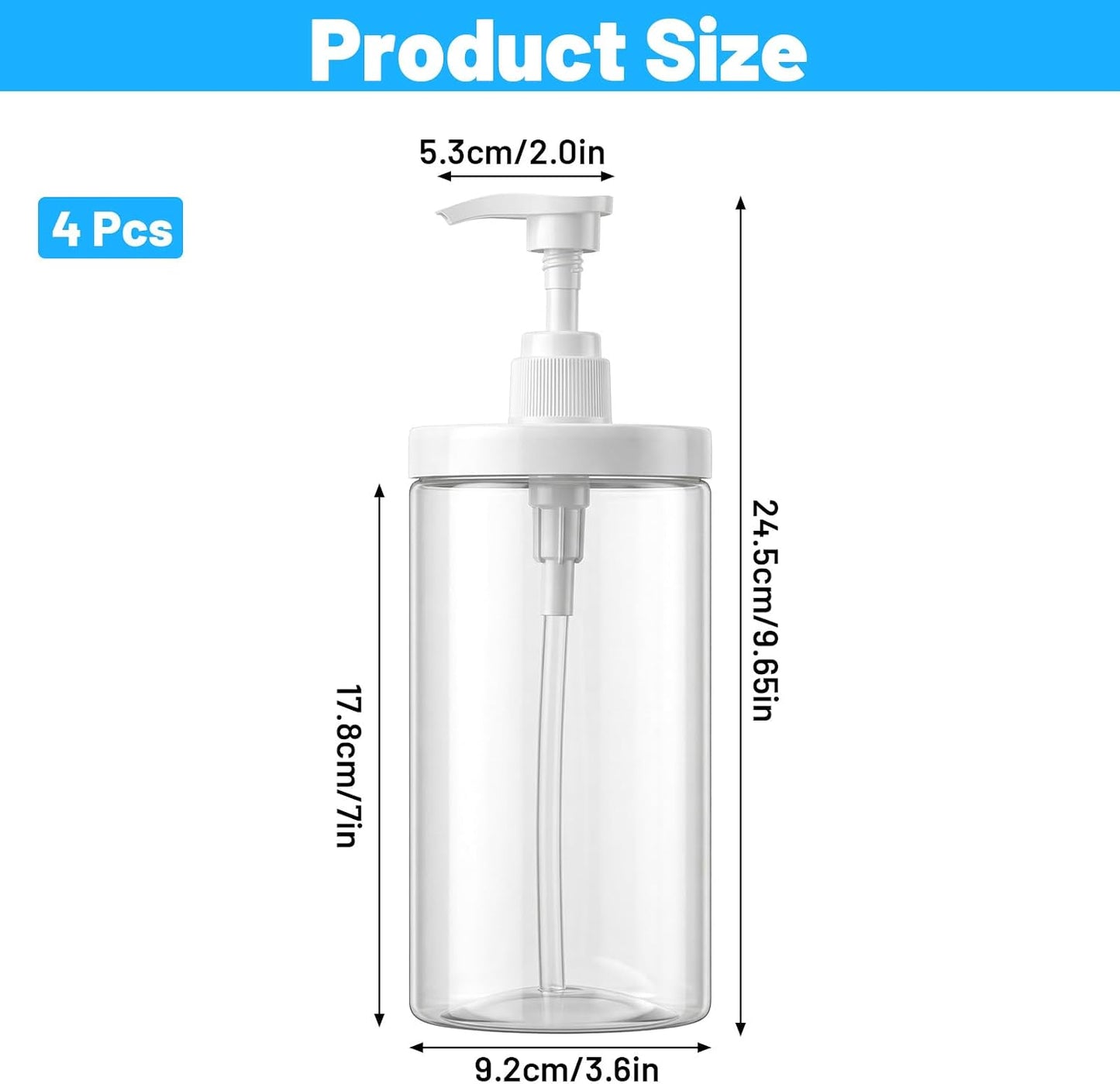 Refillable Pump Bottle Dispenser - 4 Pack 33.8oz Clear PET Plastic Lotion & Shampoo Bottles | Wide Mouth Design for Easy Filling