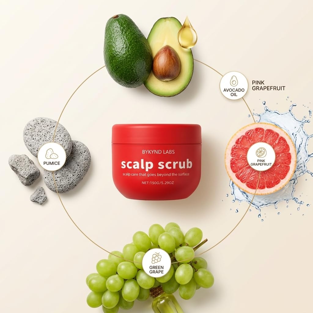 Official BYKYND LABS Avocado Oil Scalp Scrub, Rich in Grapefruit Extract, Grapeseed Extract, and Pumice, Natural Scrub & Dry Scalp, Gluten Free, Vegan