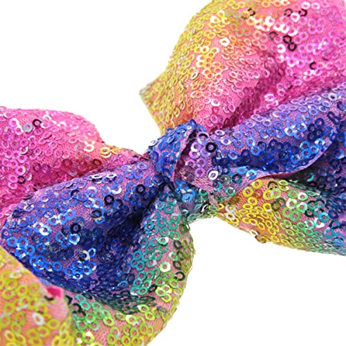 DIUEWOW Big Rainbow Sequin Hair Bows for Girls and Women - 8 Inches Glitter Alligator Clips & Pins, Pride & Festive Accessories