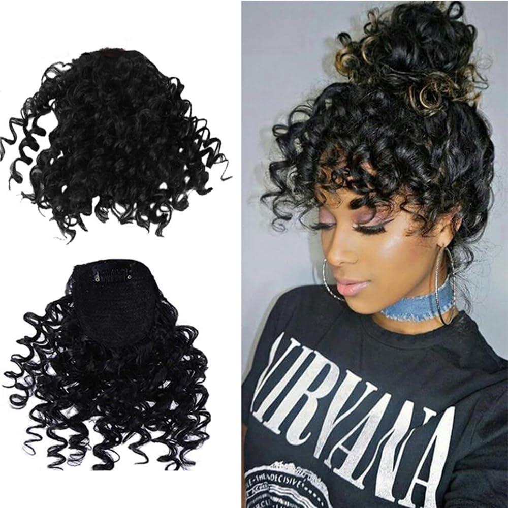 Afro Puff Drawstring Ponytail Extension - Curly Bangs Clip for Black Women | Synthetic Hairpiece (Black)