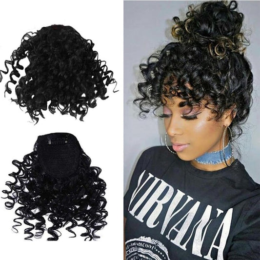 Afro Puff Drawstring Ponytail Extension - Curly Bangs Clip for Black Women | Synthetic Hairpiece (Black)