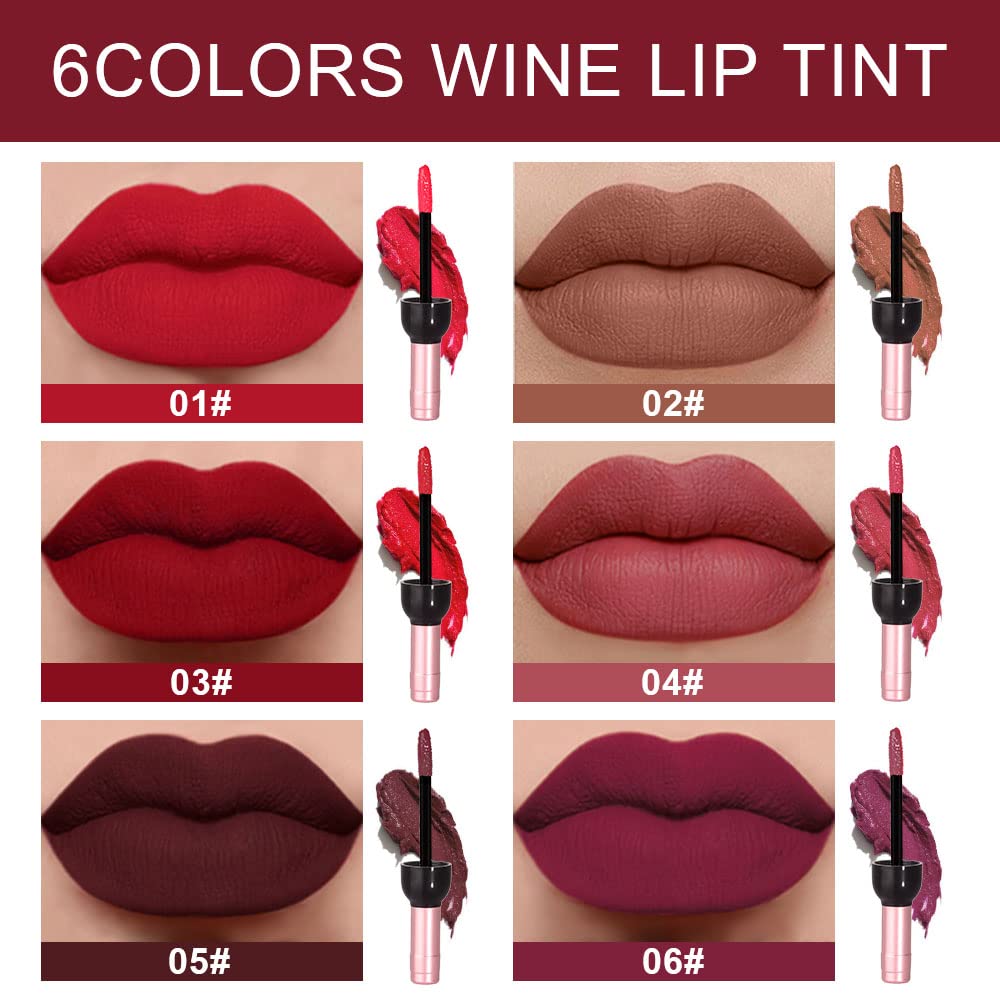 6Pcs Wine Bottle Lip Tint Stain Set - Long-Lasting Waterproof Lipstick | Ruby, Deep Rose, Plum, Brown