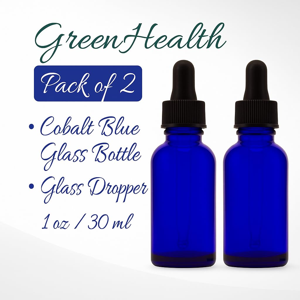 GreenHealth – Pack of 2 – Cobalt Blue Glass Bottles 1oz with Glass Dropper | Refillable Essential Oil, Aromatherapy, Serum & DIY Skincare Containers