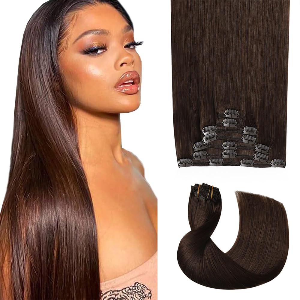 #4 Brown Clip in Hair Extensions Real Human Hair,22 Inch 120g/7Pcs,Full Shine Dark Brown Remy Human Hair,Chocolate Brown Straight Clip ins Brazilian Virgin Hair Extensions