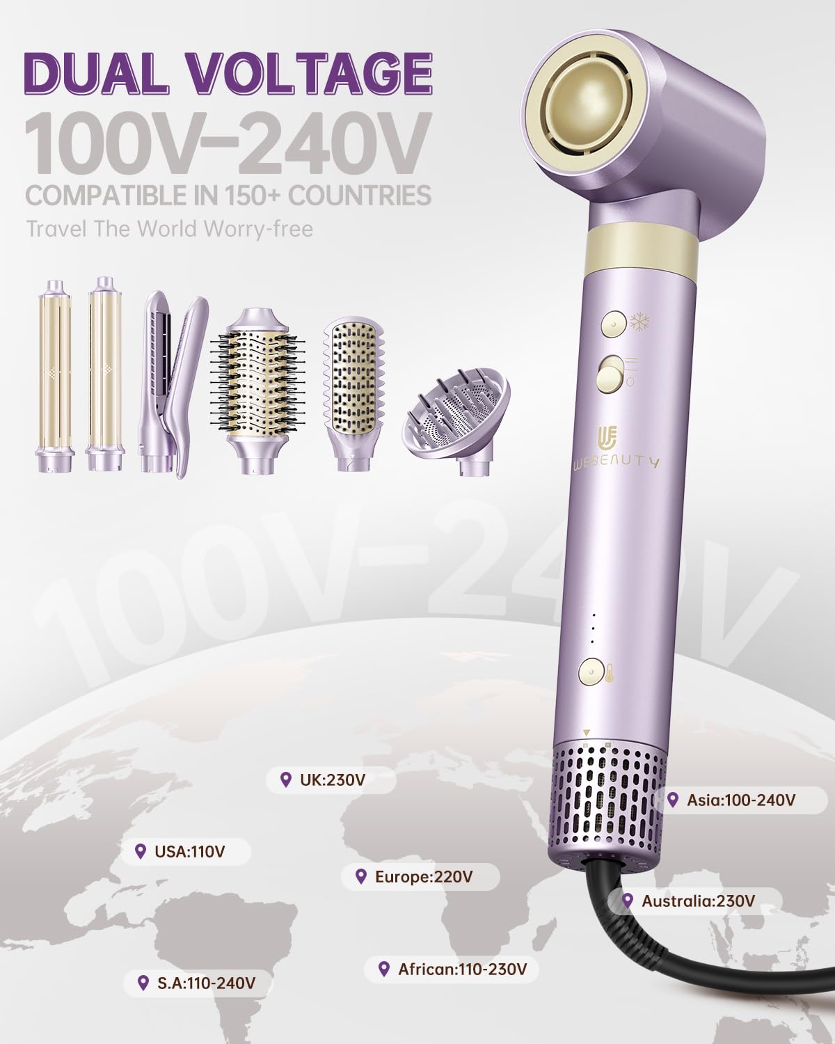 Hair Dryer Brush 7-in-1 Dual Voltage Hot Air Styler – Fast-Drying 110,000 RPM Ionic Blow Dryer with Straightener & Curler Attachments, Frizz-Free Volumizing Styler with Protective Hard Case-Purple