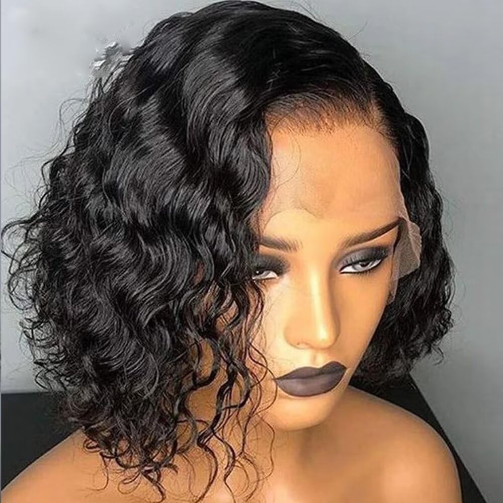 oulaer Short Bob Wigs Side Part 13x4 Deep Wave Bob Wig Human Hair 150% Density Deep Curly Brazilian Virgin Human Hair Pre Plucked Wet and Wavy Glueless Transparent Lace Frontal Wig 14Inch