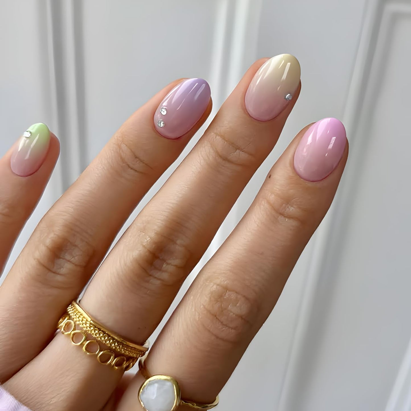 24Pcs Press on Nails Short Glossy Fake Nail Colorful False Nails Almond Stick on Nail Pink Yellow Purple Blue Glue on Nails with Rhinestones Design Gradient Nails Press Ons for Women and Girls
