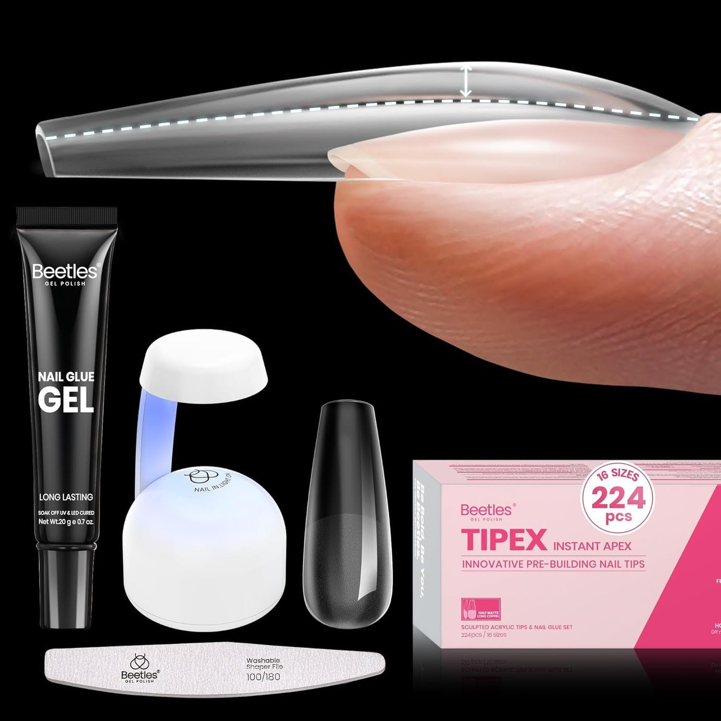 Beetles Tipex Gel Nail Kit - 224 Pcs Extra Short Square Nail Tips with Mini Lamp & Glue | 16 Sizes