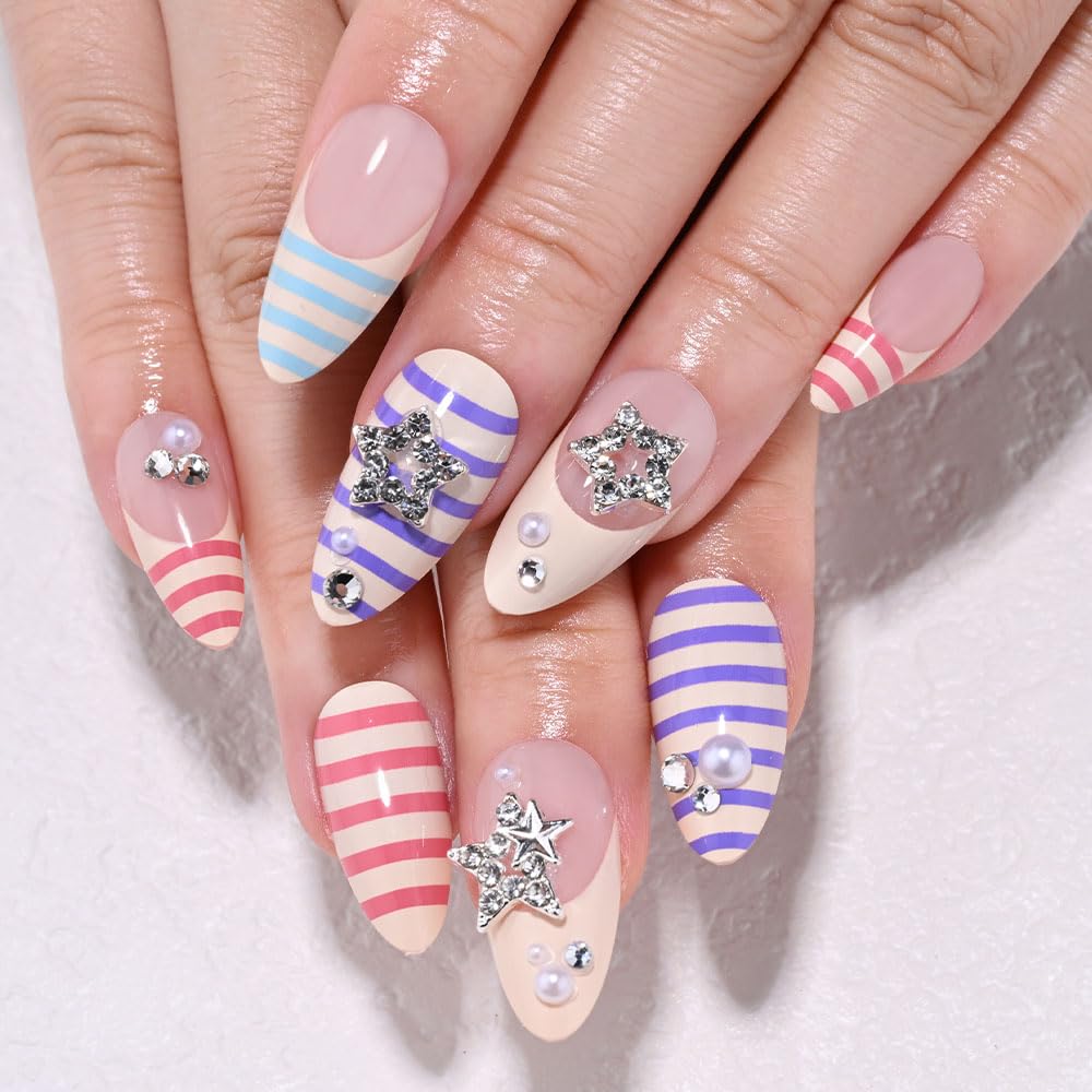 3D Gold Line French Tip Press-On Nails - Short Almond Glitter Light Nude | Handmade Acrylic Nails with 3D Pearl Designs