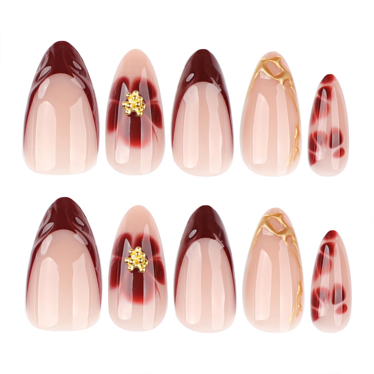 Short Almond Press-On Nails - 24 Pcs French Tip with Leopard Print & Gold Beads | Reusable Acrylic Nail Designs for Women