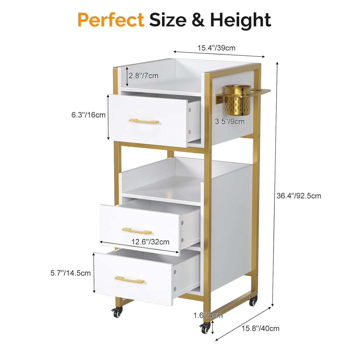 OmySalon Salon Trolley Cart - Mobile Hair Styling Station with 3 Drawers & Tool Holders | White