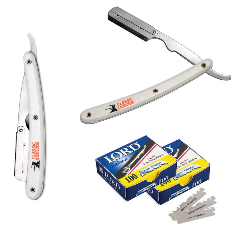 Classic Samurai Stainless Steel Professional Barber Folding Straight Edge Razor with 200 Count Lord Single Razor Blades (White)