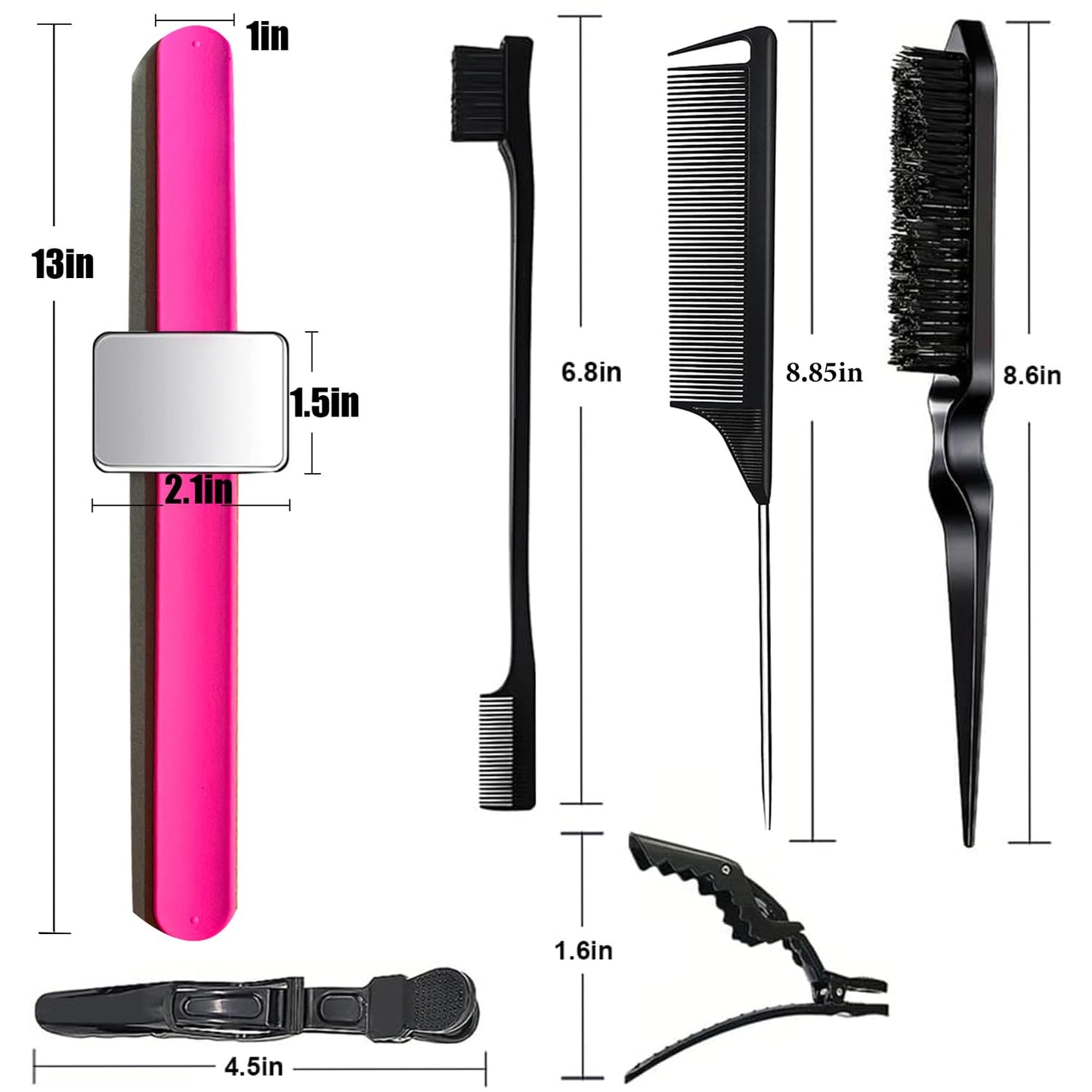 Magnetic Wristband for Hair Stylist, 10 Pieces Hair Braiding Tool with Edge ＆Teasing Brush, Rat Tail Comb ＆Alligator Clip, Braider Wristband for Black Hair, Silicone Sewing Pincushion (Hot Pink)