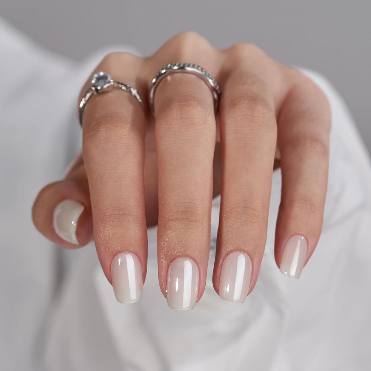 Short Almond Press On Nails - Aurora French Tip, 32 Piece Glue-On Nail Kit | Natural Look, 16 Sizes Available