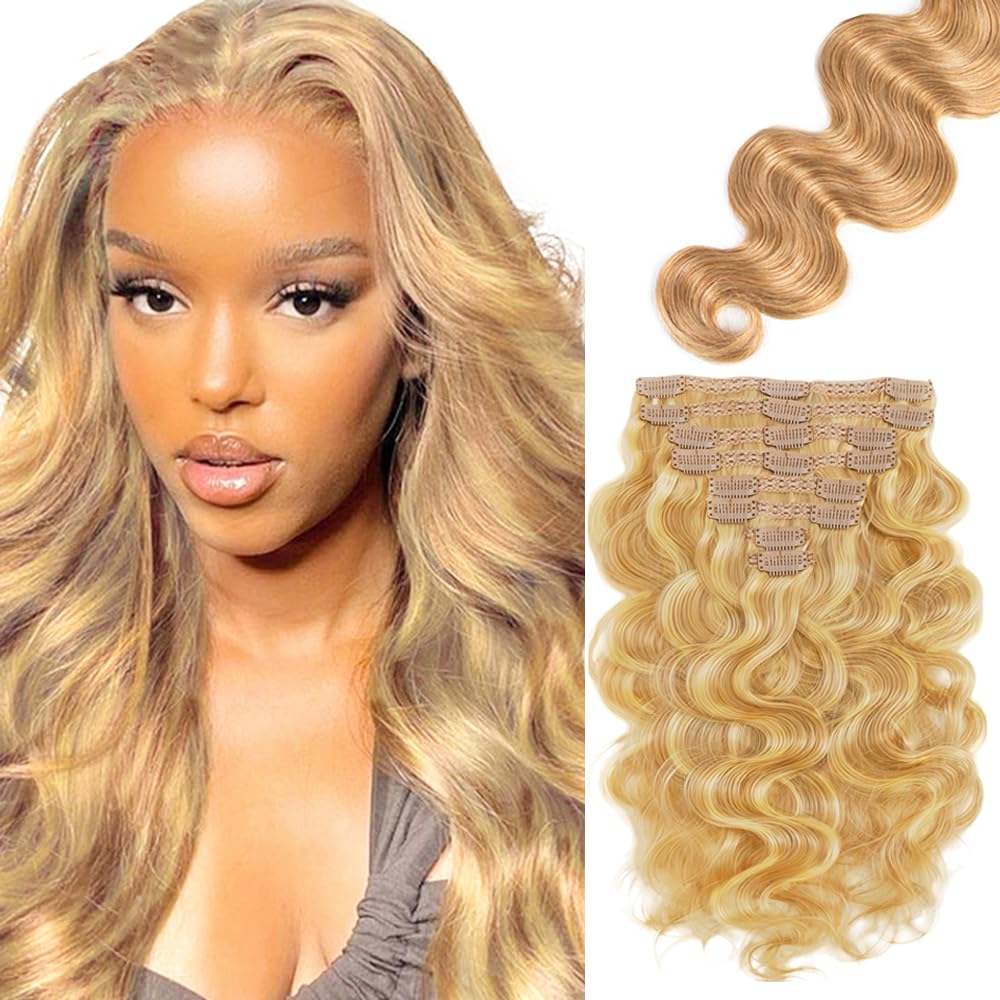 P27613 Blonde Clip in Hair Extensions Real Human Hair, 30 Inch 120g/7Pcs,Full Shine Remy Human Hair,Honey Blonde Body Wave Clip ins Brazilian Virgin Human Hair Extensions