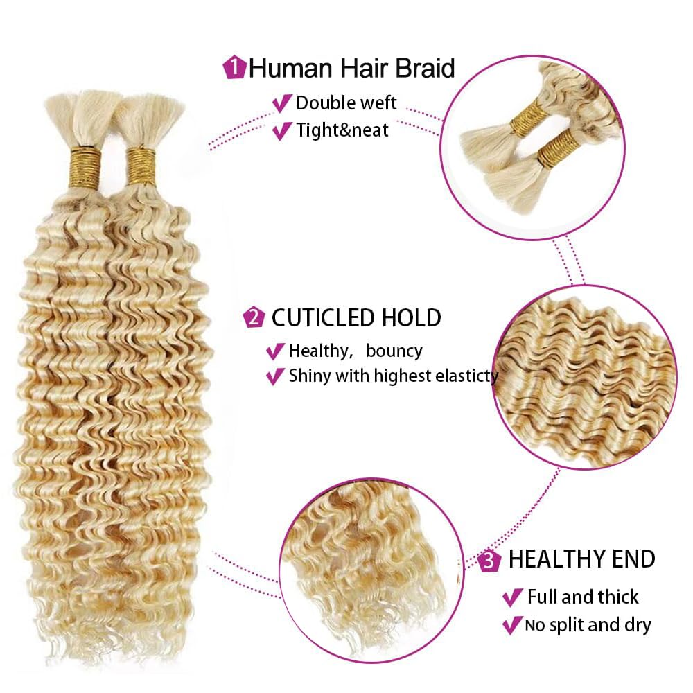 22 22 22 Inch #613 Honey Blonde Human Braiding Hair for Boho Braids 150g Deep Curly Bulk Human Hair Knotless Boho Braiding Blonde Deep Wave No Weft Extensions Bohemian Braids 3 Bundles/Pack Caramel