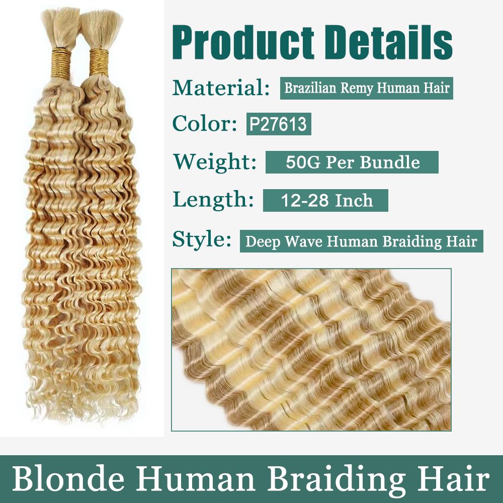 613 Boho Human Hair Blonde Braiding Hair Deep Wave Human Bulk 14 14 Inch 27/613 Deep Wave 2 Bundles No Weft Per Pack 100g
