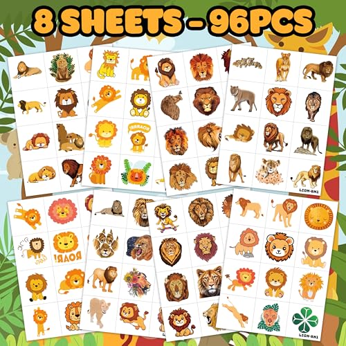 Kids & Adults Lion Temporary Tattoos 96-Pack Safari Jungle Party Decorations