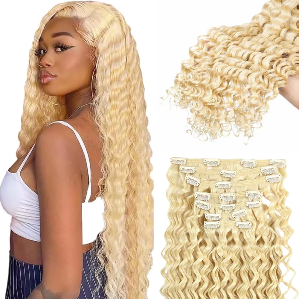 #613 Blonde Clip in Hair Extensions Real Human Hair, 24 Inch 120g/7Pcs,Full Shine Remy Hair,Blonde Deep Wave Clip ins Brazilian Virgin Human Hair Extensions