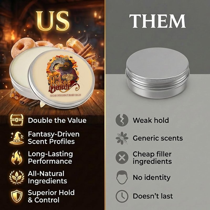 Fable Beard Co. Beard Balm - The Baker, Fresh Doughnuts, Warm Vanilla Sugar, Hint of Cinnamon Spice, Natural Beard Balm for Men with Jojoba & Argan Oils, Beard Conditioner, Made in USA (2 Fl Oz)
