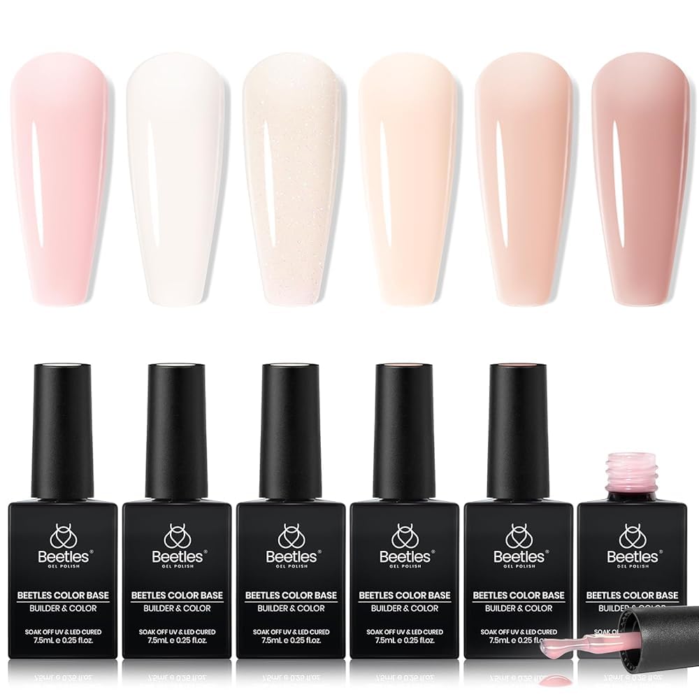 Beetles Base Color Gel Nail Polish Set - 6 Nude Shades | 5-in-1 Builder Rubber Base Coat for Strengthening Natural Nails