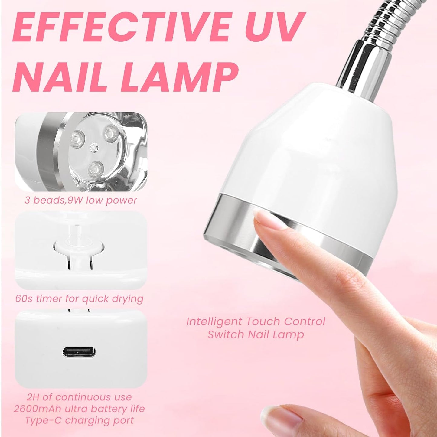 Portable UV Gel Nail Lamp - 9W Cordless Gooseneck Design | Quick Drying with 60s Timer for Home & Salon Use