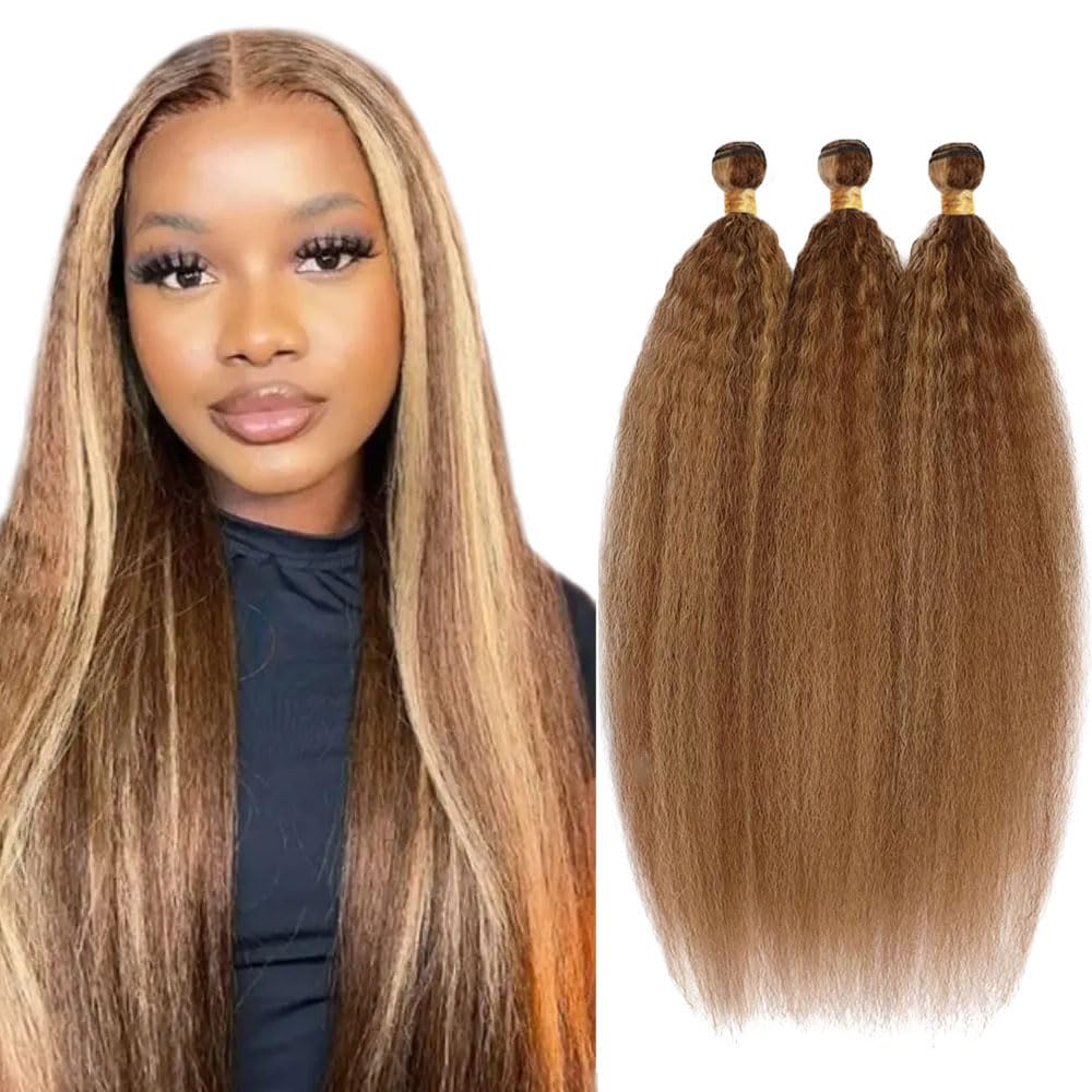 14 16 18 Inch P4/27 Highlight Blonde Bundles Human Hair Yaki Straight 3 Bundles Brazilian Remy Hair 50 Grams/Bundle 10A Grade Unprocessed Virgin Hairs Blonde Kinky Straight Bundle Weaves Extensions