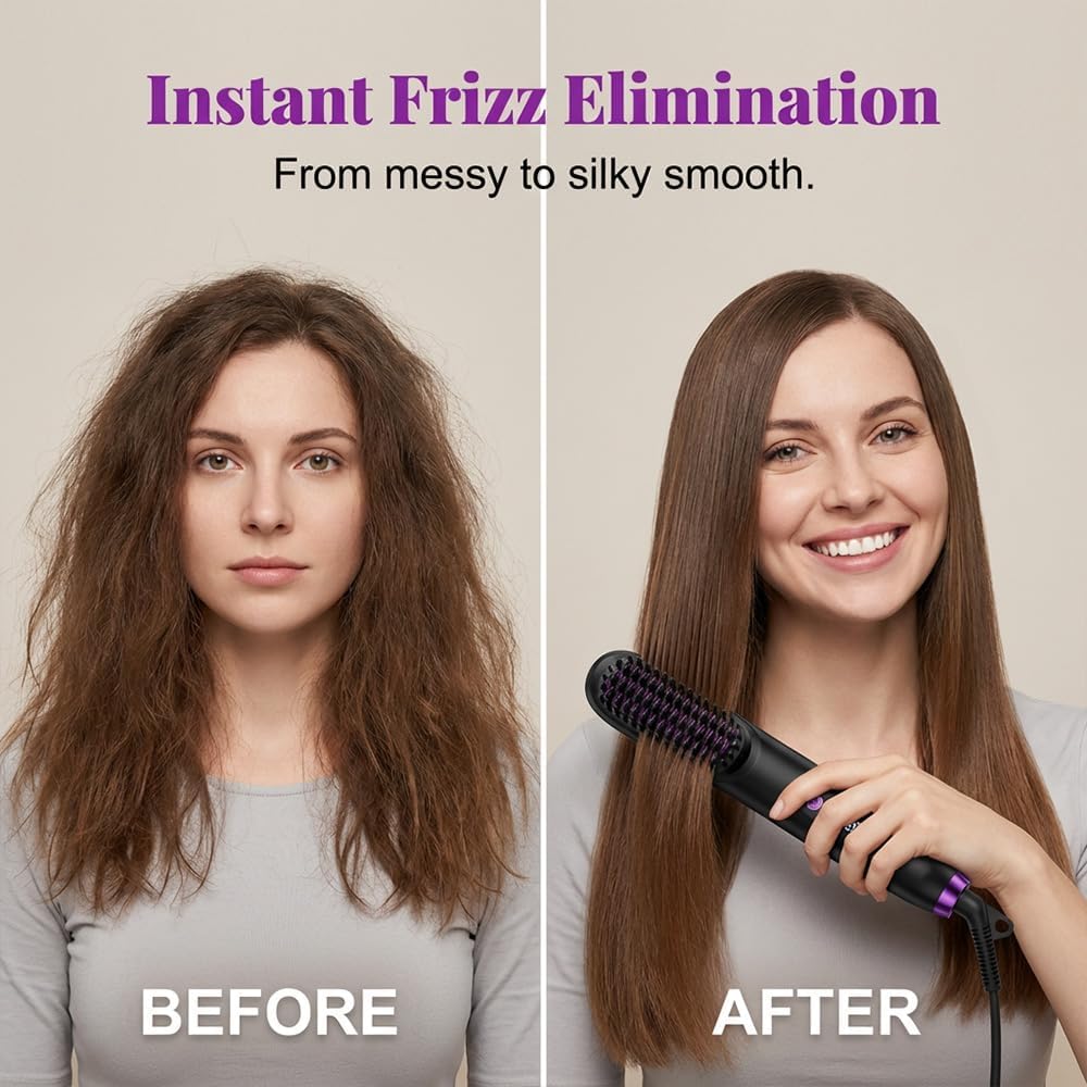 Cordless Hair Straightener Brush - Dual Charging, Compact Design for Home & Travel | Black