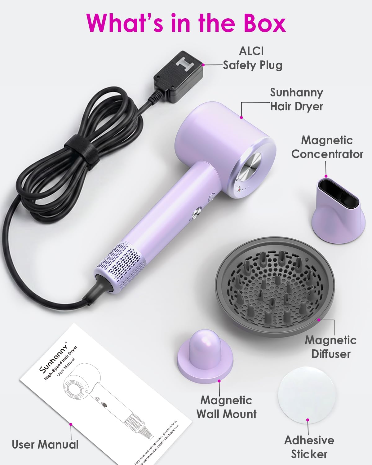 High Speed Ionic Professional Hair Blow Dryer,160000 RPM Powerful Fast Drying Travel Hairdryer Blowdryer with Magnetic Diffuser, Concentrator Nozzle & Wall Mount Bracket, 3 Speeds & 4 Temps, Purple