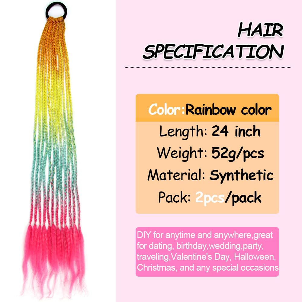 CISINPO 2PCS Rainbow Hair Extensions Braided Ponytail Gradient 24 Inch
