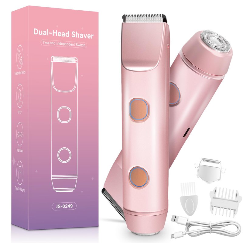 2 in 1 Bikini Trimmer for Women – Dual Head Electric Shaver, IPX7 Waterproof Electric Razor for Body Pubic Hair, Rechargeable Body Hair Trimmer and Facial Hair Remover for Bikini Underarm Leg Arm Face