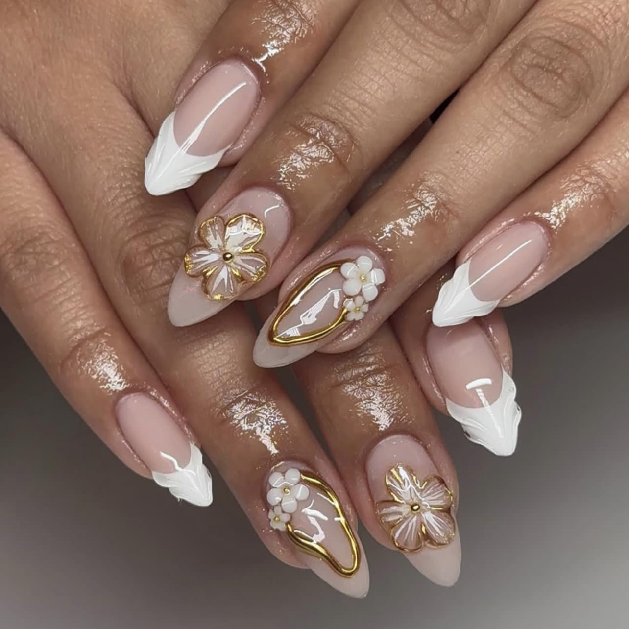 Nude Cat Eye Press-On Nails - Short Almond Shape with Gold French Tips | Reusable Soft Gel Set for Women