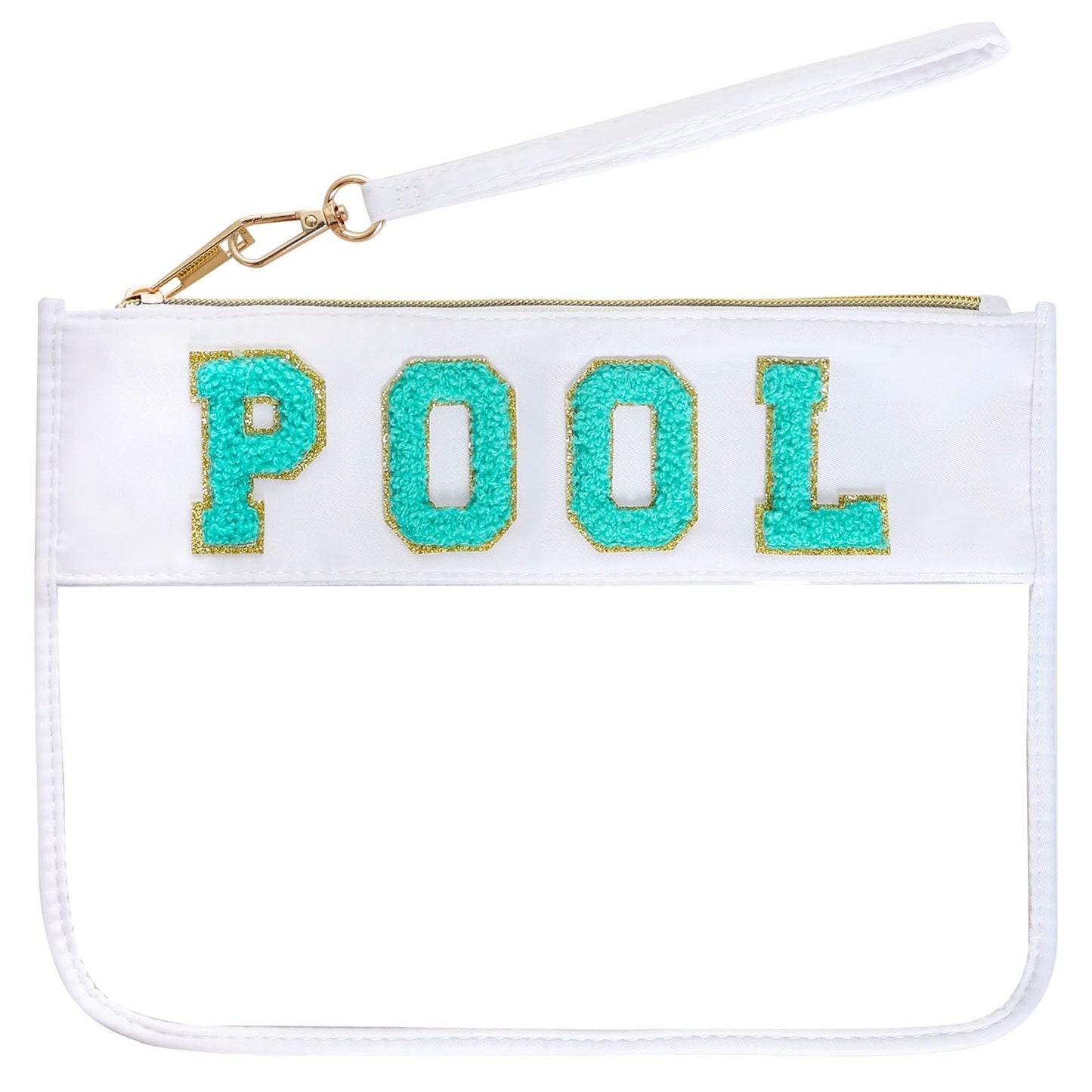 Hmxpls Chenille Letter Bag, Multi-purpose Nylon Clear Makeup Cosmetic Bags Flat Pouches with Zipper for Travel, Gym, Beach (White-Pool)
