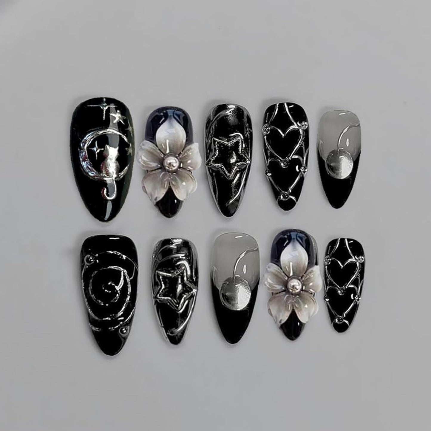 Black Chrome Press-On Nails - Medium Almond Gothic Acrylic Nails with 3D Flower & Rhinestones | 24-Pcs Nail Kit for Women
