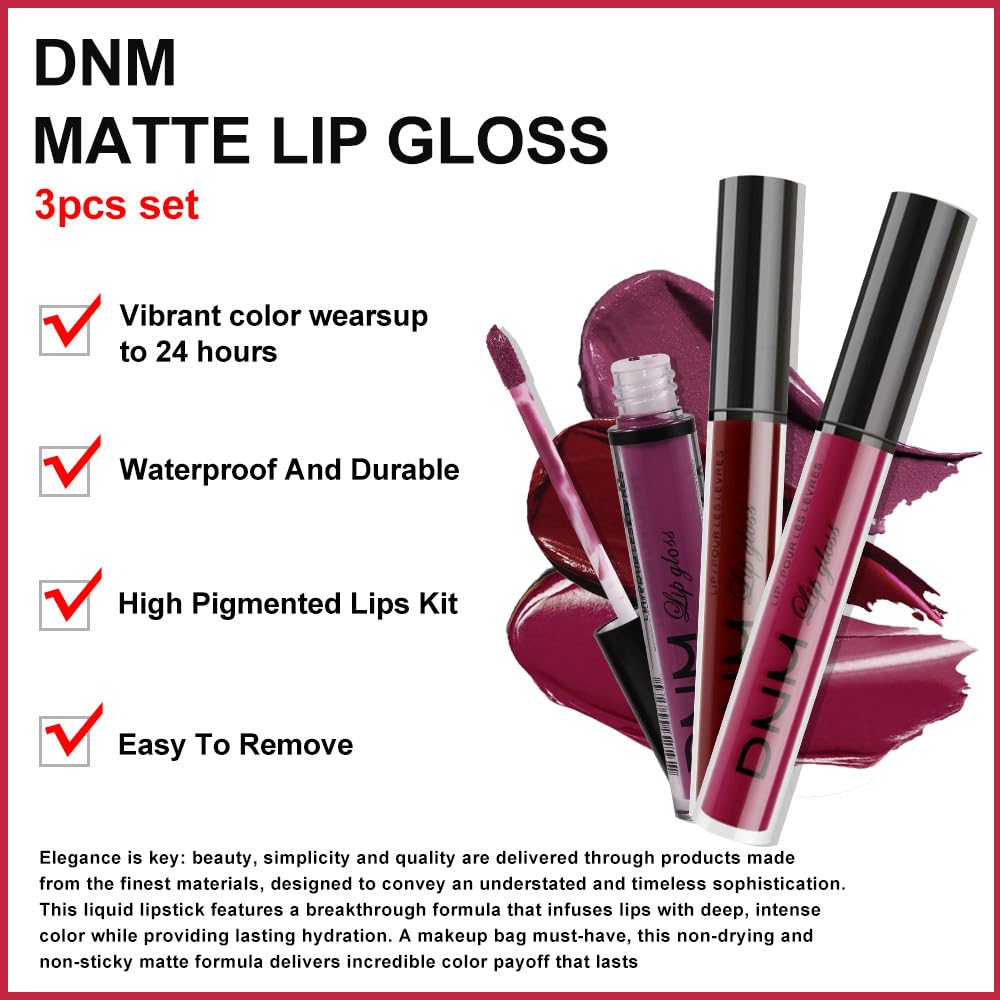 Matte Liquid Lipstick Set - 3 Pcs Dark Red & Purple Plum Shades | Long-Lasting Waterproof Lip Stain