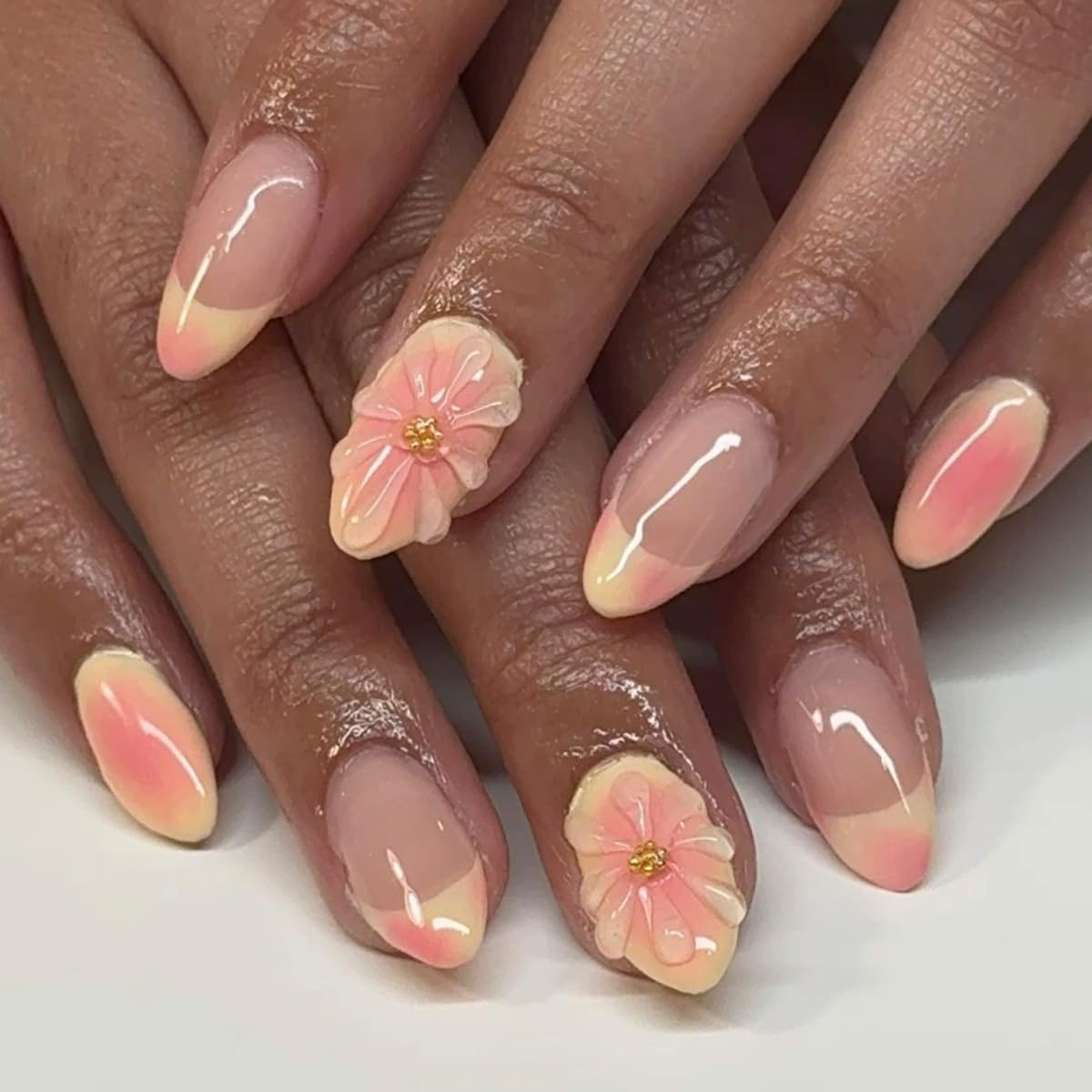 Almond Yellow French Tip Press-On Nails - Ladybug & Green Leaves Design | Reusable Full Cover 24 Pcs for Spring/Summer Manicure